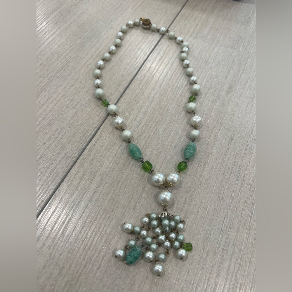 Vintage White Plastic + Green Glass Lariat Necklace